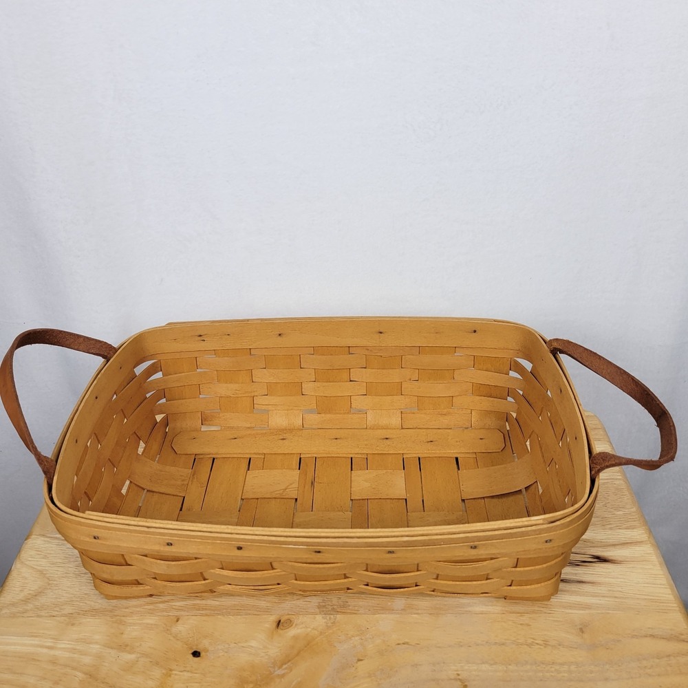 Vintge Longaberger Handwoven Wood Splint Storage Basket Leather Handles 2001 WC6